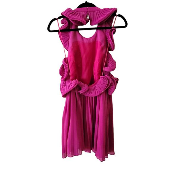 Amur Mimi Mini Dress Pleated Pink Magenta Peacock Chiffon Halter Ruffles 12 - Picture 8 of 15